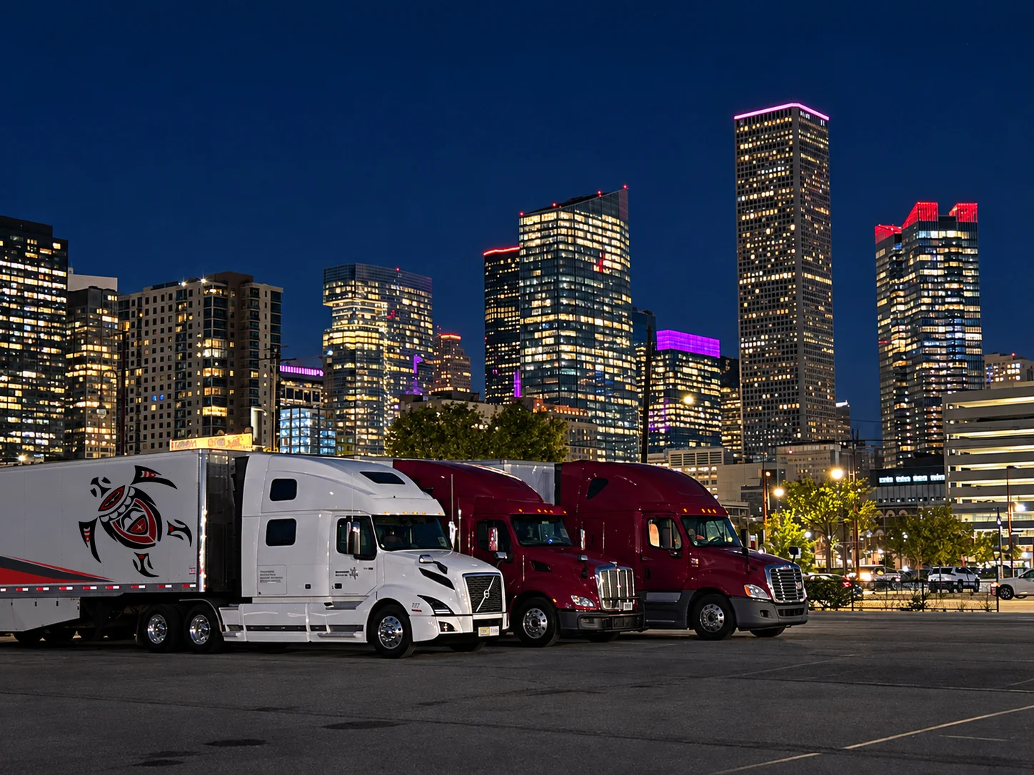 Running Turtle fleet with a turtle-branded trailer beneath a city skyline at night